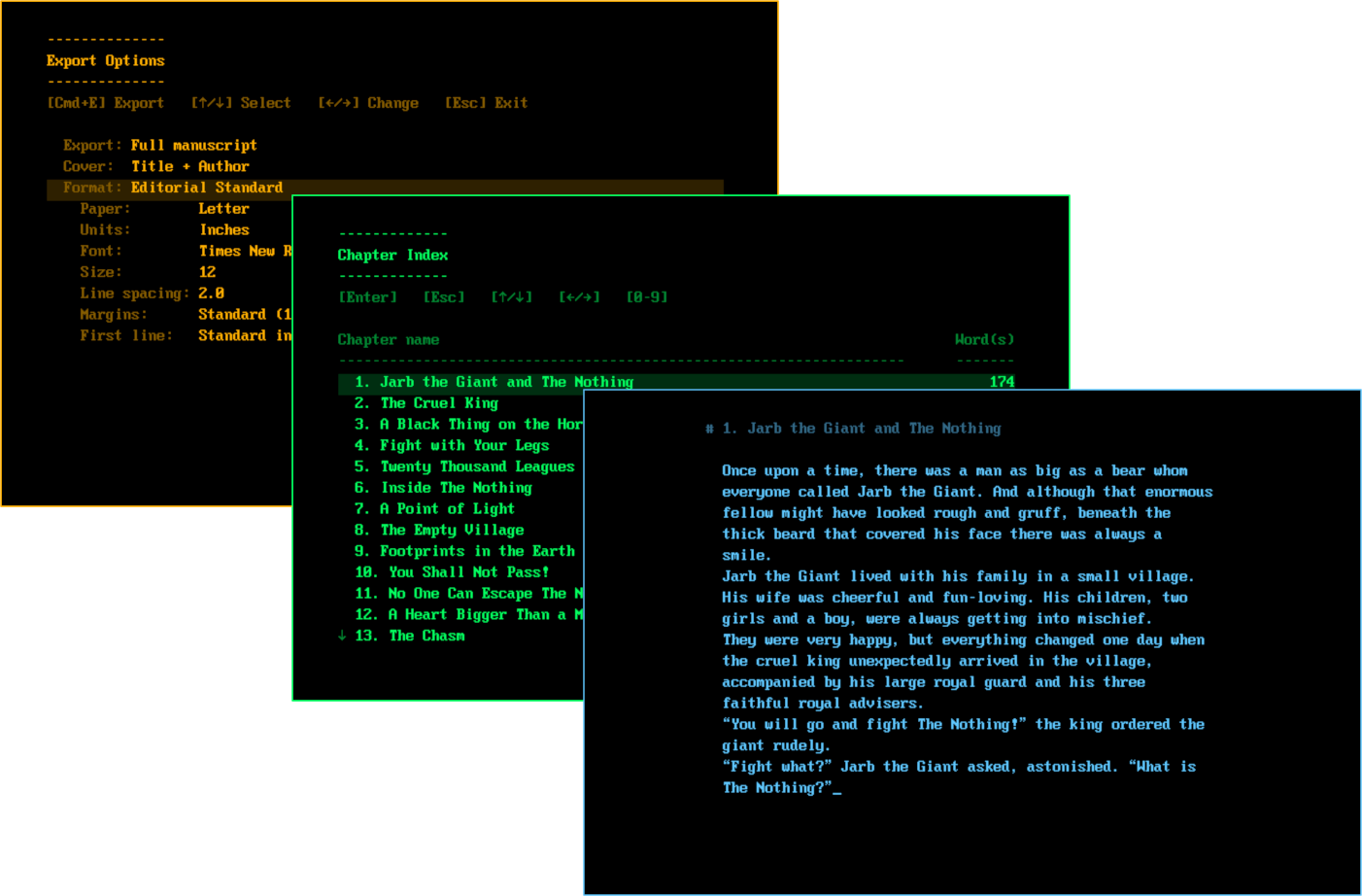 Three WordPlanet screens: editor, chapter index, and export.