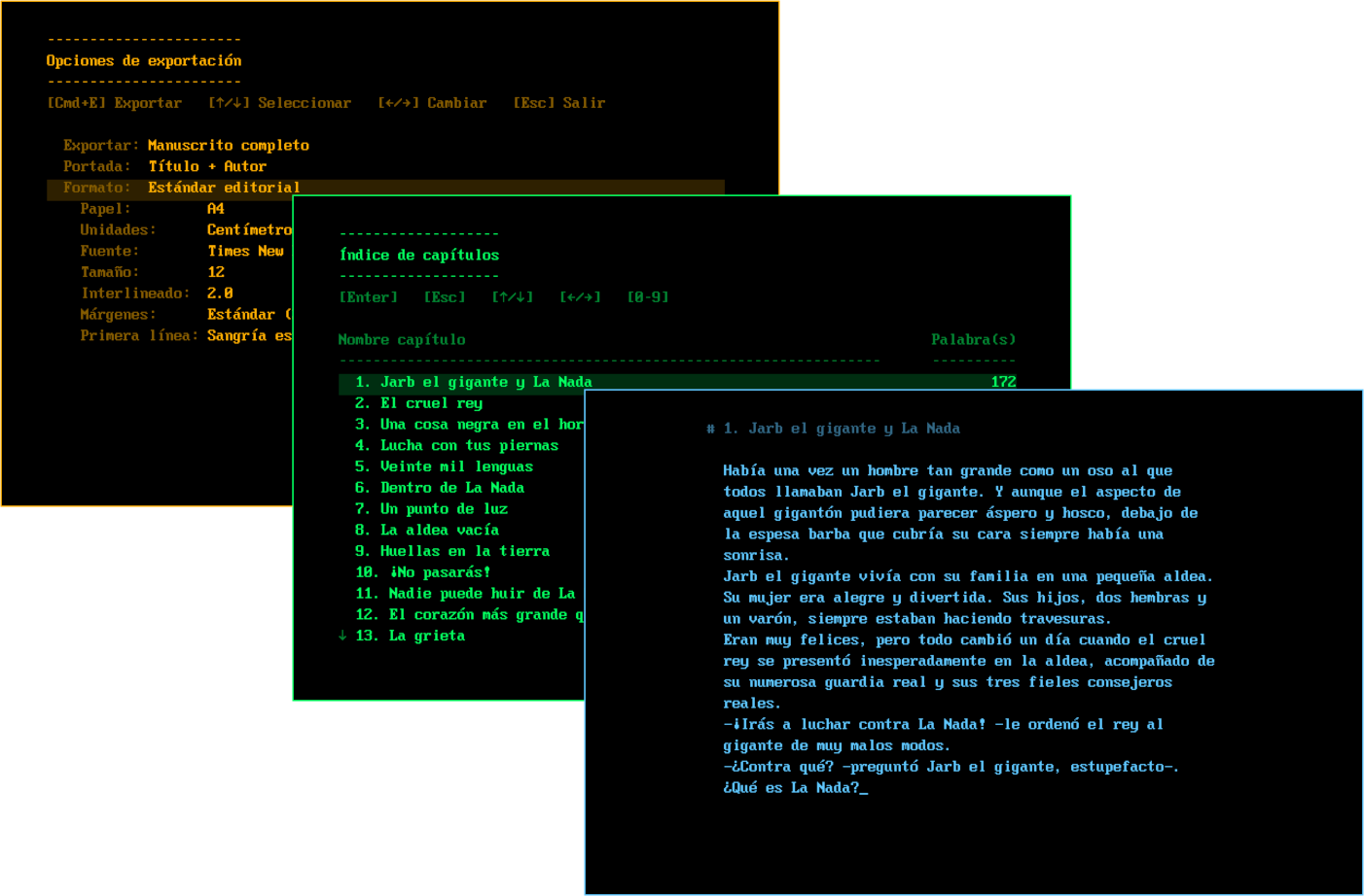 Tres pantallas de WordPlanet: editor, índice de capítulos y exportación.