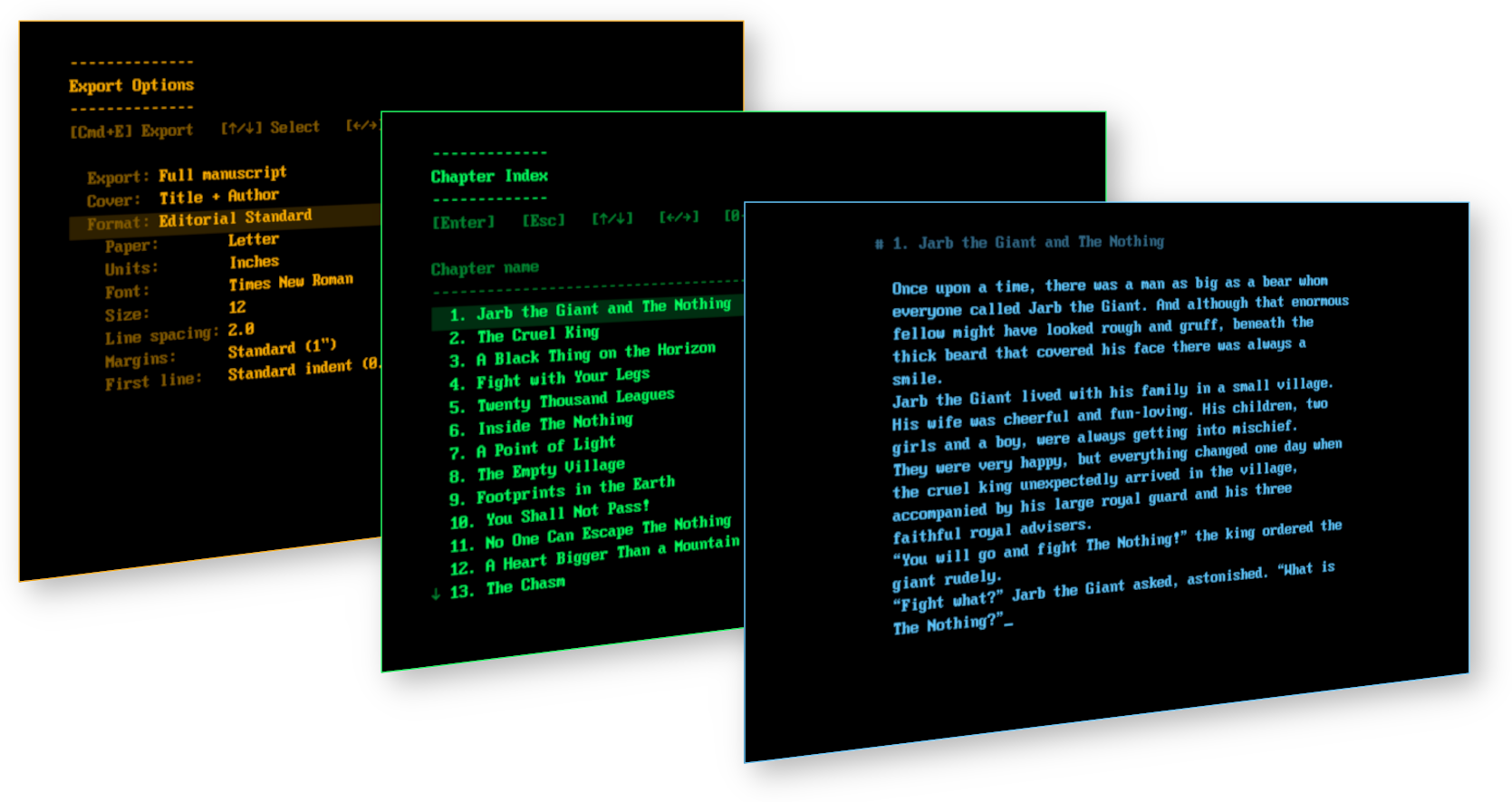 Three WordPlanet screens: editor, chapter index, and export.