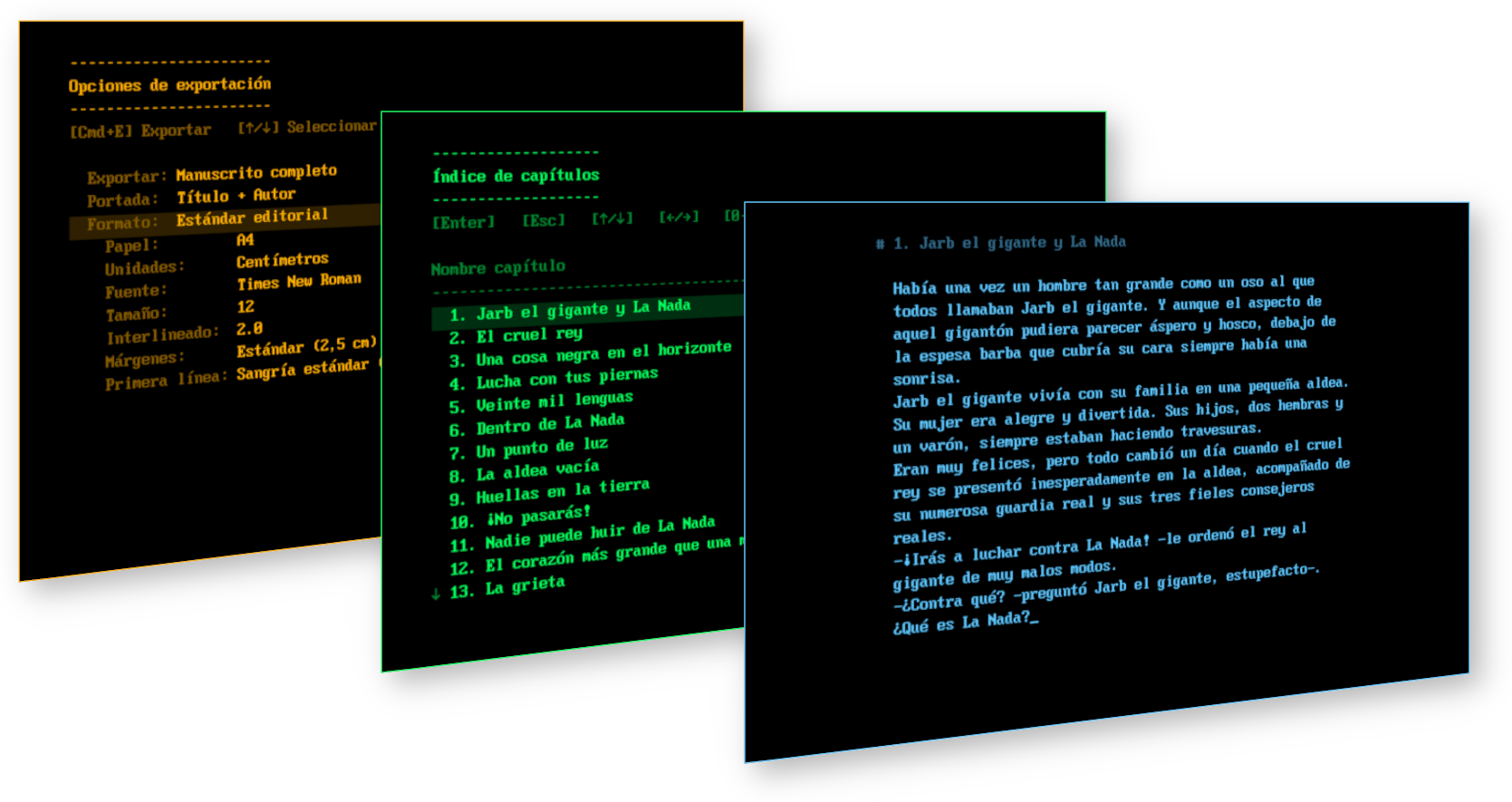 Tres pantallas de WordPlanet: editor, índice de capítulos y exportación.